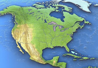 Detailed 3D Render of North America Highlighting Geography, Terrain Features, Climate Zones, and Major Natural Landmarks to Enhance Educational and Creative Projects