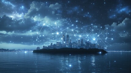 Ethereal Cityscape with Illuminated Network Connections Above Water Under Night Sky Reflects Stars and Clouds in Tranquil Environment