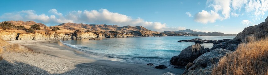 Obraz premium Serene beach landscape with tranquil waters, golden sand, and dramatic cliffs under a clear blue sky showcasing natural beauty.