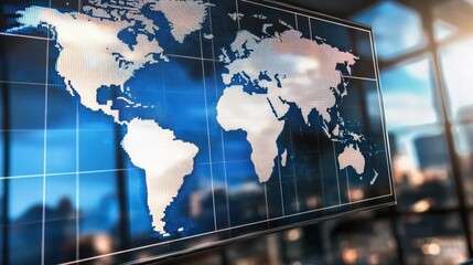 Digital World Map Display in Modern Office Setting with Abstract Technology Background Illuminated by Soft Sunset Light