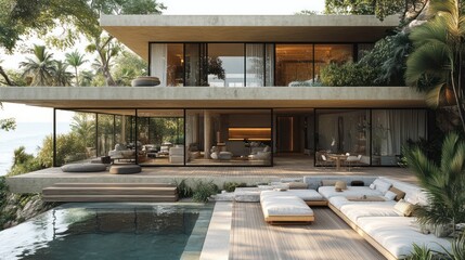 Fototapeta premium A 3D model of a luxury beachfront villa with detailed outdoor lounge, expansive decks, and sliding glass doors.