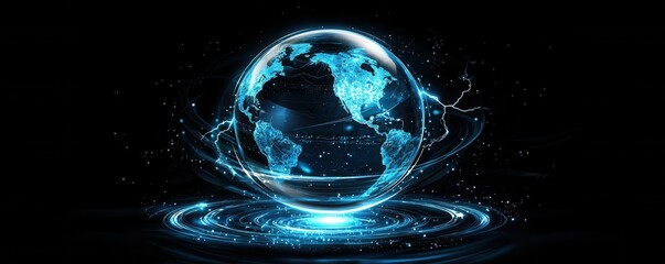 A luminous globe with electric blue lights on a dark background