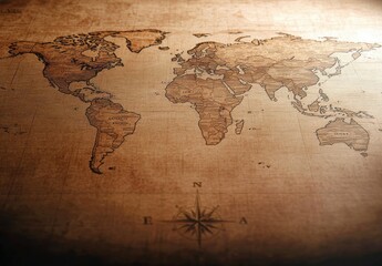 Vintage World Map on Old Paper with Detailed Borders and Compass Rose, Ideal for Travel Enthusiasts and History Lovers in Need of a Classic Design Resource