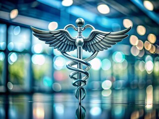 Detailed Medical Caduceus Symbol with High Depth of Field Amidst a Softly Blurred Background, Emphasizing Healthcare and Wellness Themes for Medical and Educational Use