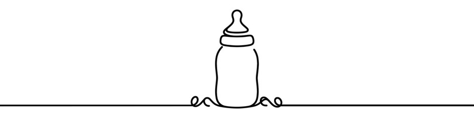 One continuous line illustration of a baby bottle, isolated on white background. Line art of baby bottle.