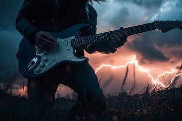 Obraz premium Musician playing electric guitar outdoors during a dramatic lightning storm, creating a powerful and evocative scene