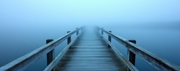 Solitude found on a bridge of discovery, a misty path leading to unknown horizons The quiet contemplation of a solitary journey on a wooden bridge extending into a foggy expanse This image evokes