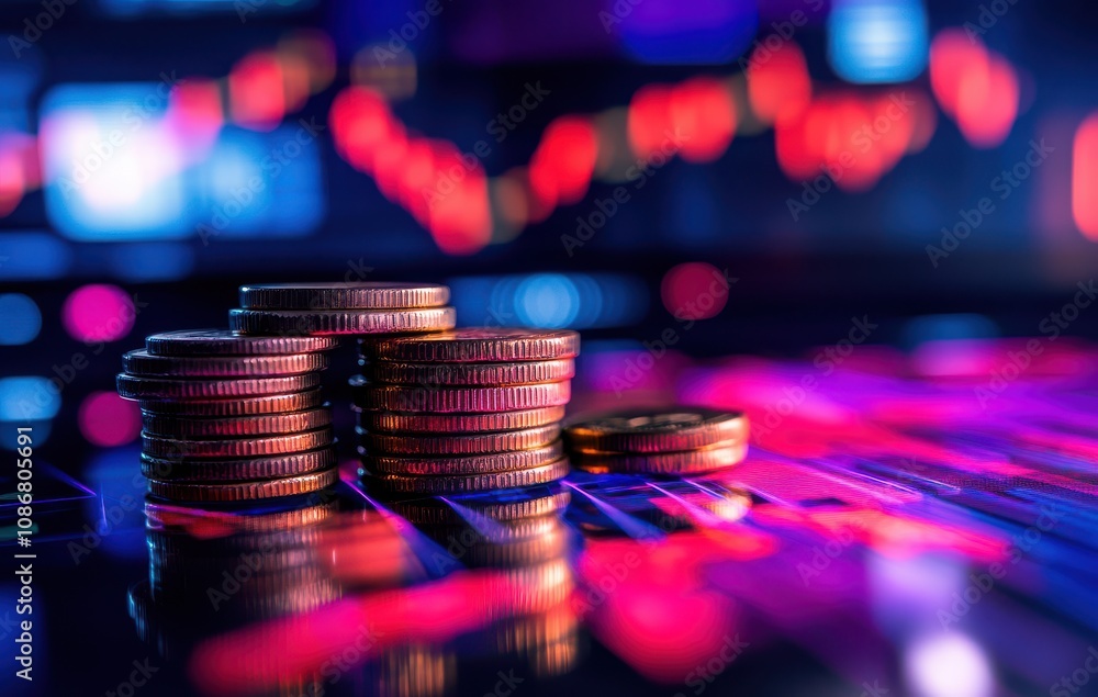 Poster stacked coins on a colorful background with financial graphs representing investment trends and mark