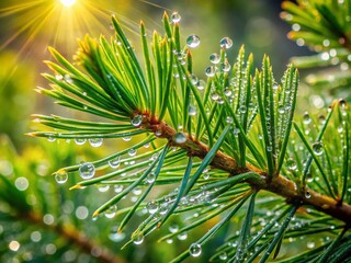 Dew-kissed Pine Needles in Morning Light: A Close-up Portrait of Nature's Beauty with Glistening Drops and Vibrant Greenery, Highlighting the Tranquility of Forest Landscapes