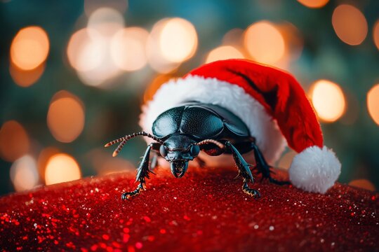 Black beetle wearing a festive holiday hat on a red sparkling christmas ornament with bokeh lights in the background