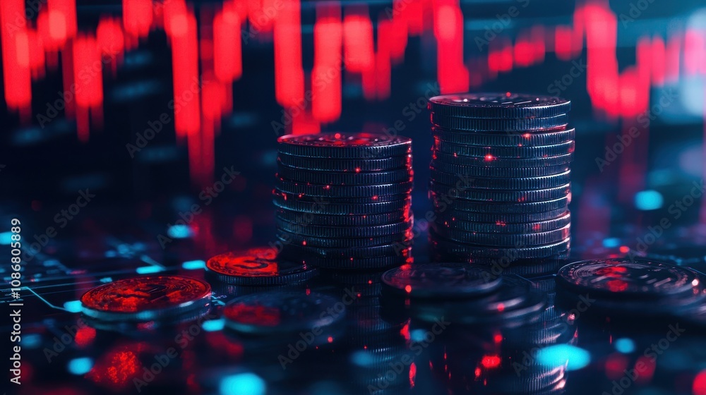 Poster stacks of coins with abstract data visualization background reflecting financial trends and economic