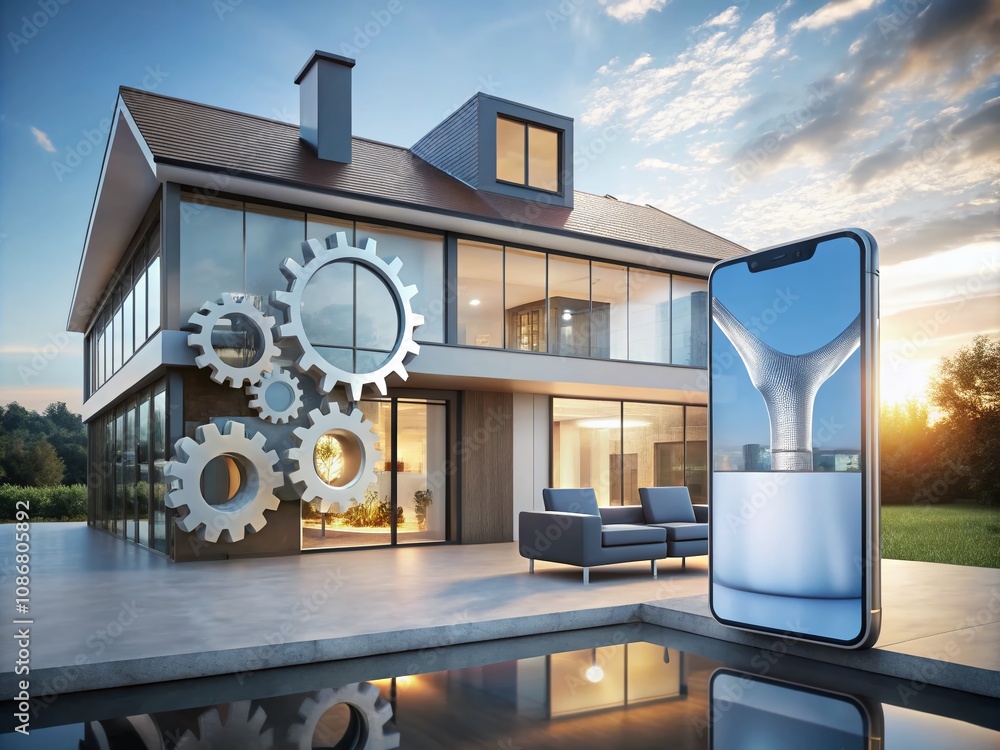 Poster digital toolkit for smart home optimization featuring minimalist house and cogwheel concept in a mod