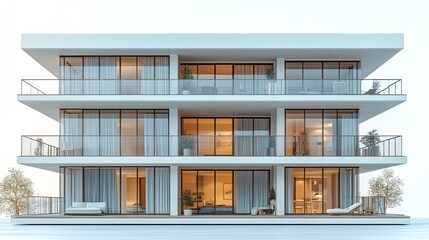 Obraz premium A 3D luxury high-rise apartment building with expansive balconies and panoramic views, isolated on a white backdrop.
