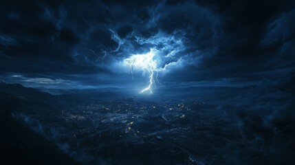 A powerful lightning strike illuminating the night sky over an urban landscape, symbolizing nature's raw power and beauty.