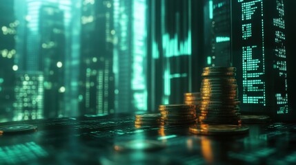 Fototapeta premium Stacks of Coins on a Futuristic Digital Background Highlighting Financial Growth and Technology in an Urban Environment