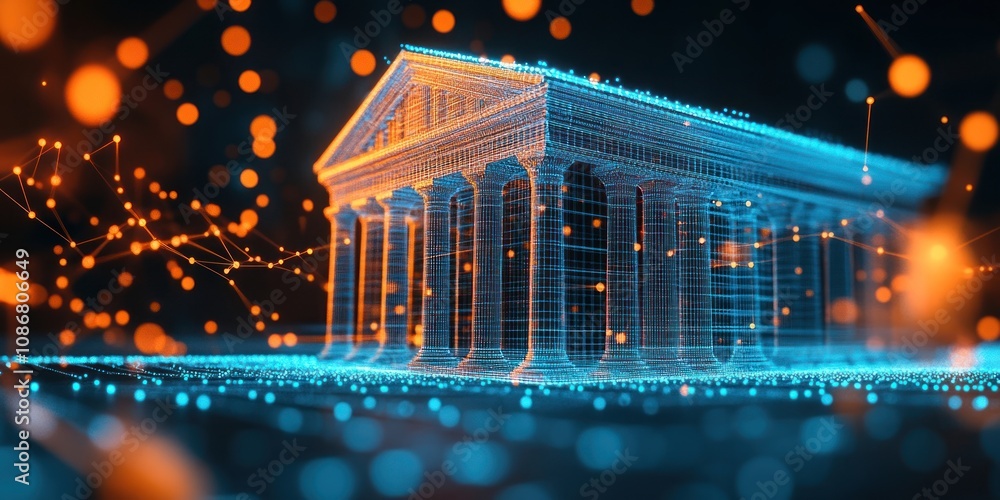 Poster a digital holographic representation of a classical building visualization architecture technology.