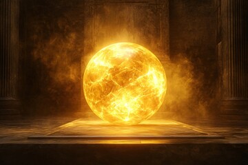 Bright citrine sphere emitting intense light illuminating mysterious ancient temple interior, creating a magical atmosphere