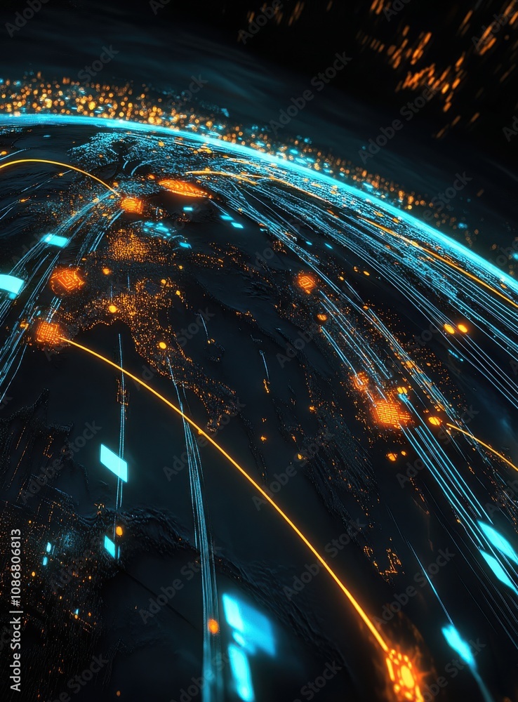 Poster abstract concept of global connectivity and digital network illustration with glowing lights and geo