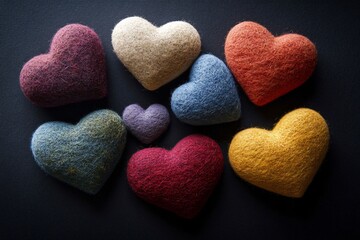 Obraz premium Variety of colorful handmade wool felt hearts laying on a simple black background creating a vibrant and romantic scene