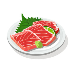 Simple flat 2D illustration of a seared tuna tataki on plate isolated on a white background, vector 2D seared tuna tataki	