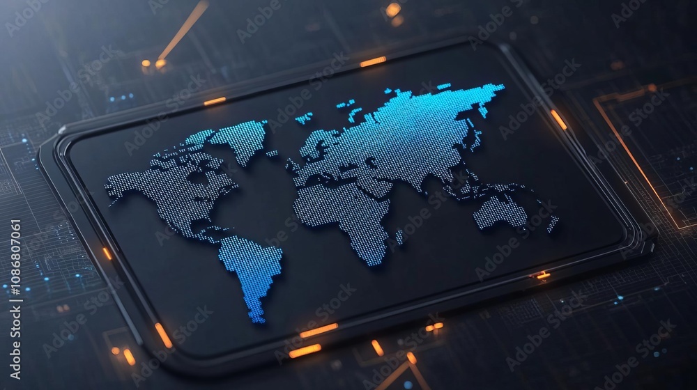 Poster futuristic world map design on digital technology background for modern applications.