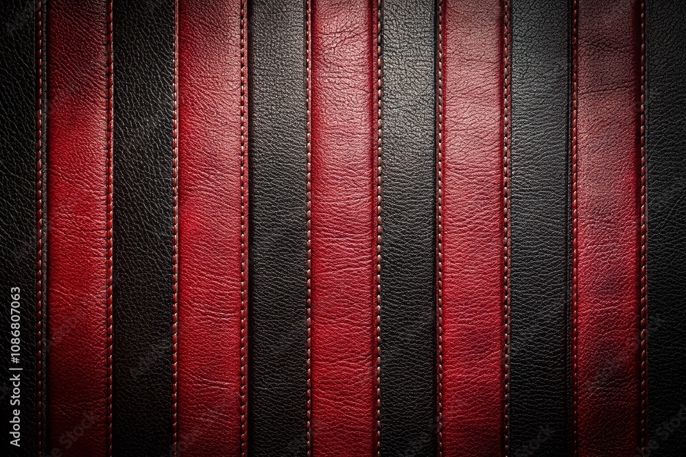 Poster close-up of elegant leather texture with alternating black and dark red vertical stripes in long exp