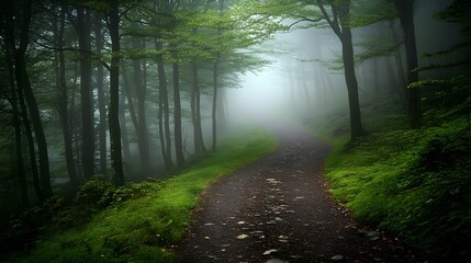 Fototapeta premium Mystical Pathway Through Misty Forest Landscape with Atmospheric Ambience