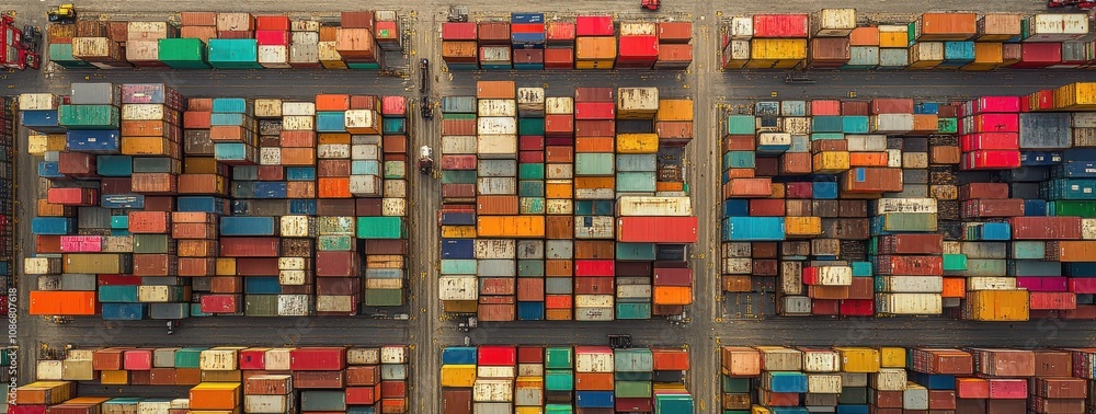 Poster aerial view of colorful shipping containers organized in a busy port, showcasing a vibrant logistics