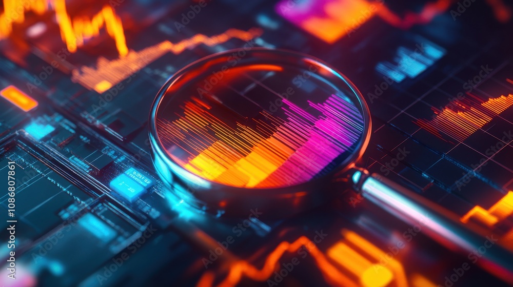 Aufkleber vibrant data analysis with magnifying glass over colorful charts and graphs representing stock marke