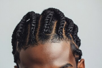 Close up of a young black man with an elaborate braided hairstyle, showcasing a modern and stylish look