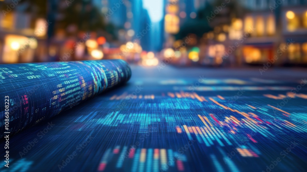 Poster abstract digital data flow design with colorful stock market charts rolling out on a city street for
