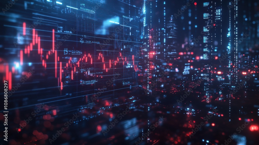 Poster futuristic digital cityscape with glowing data streams and financial graphs, showcasing advanced tec
