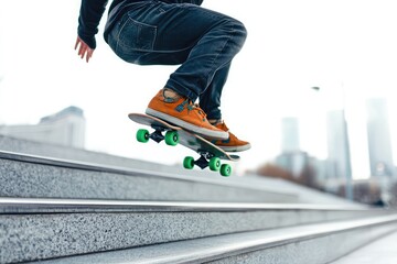 A skateboarder in mid-air, performing an ollie trick over concrete stairs