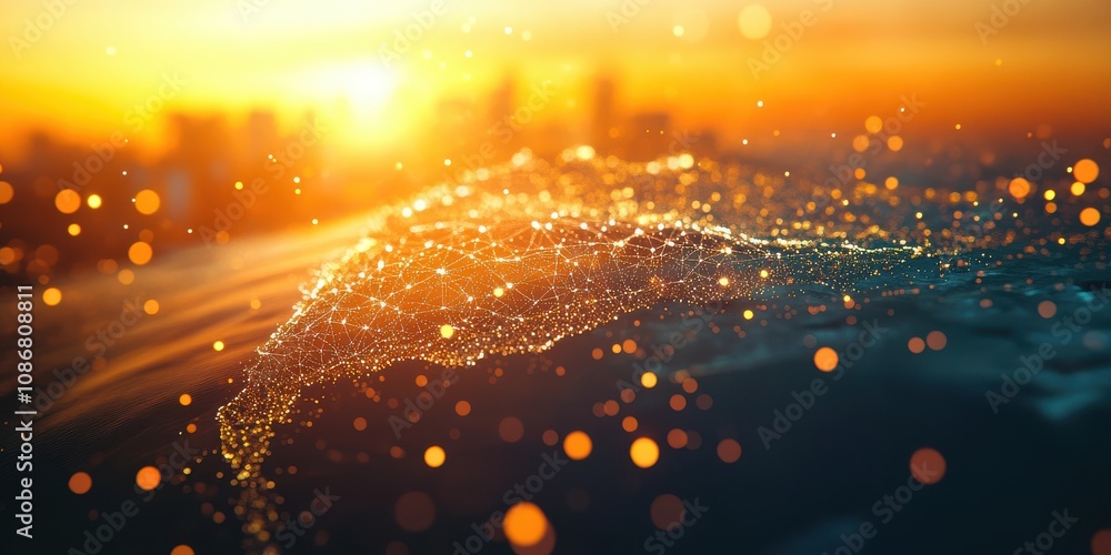 Poster abstract representation of a digital landscape features interconnected particles and glowing spheres