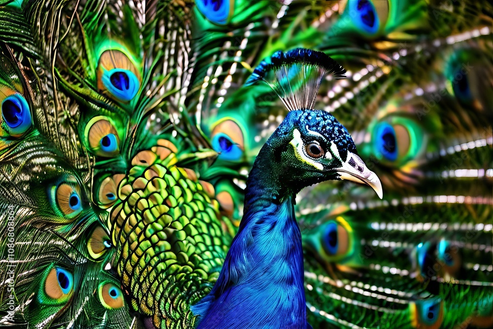 Aufkleber peacocks display a peacock with its tail exploding into a rainbo