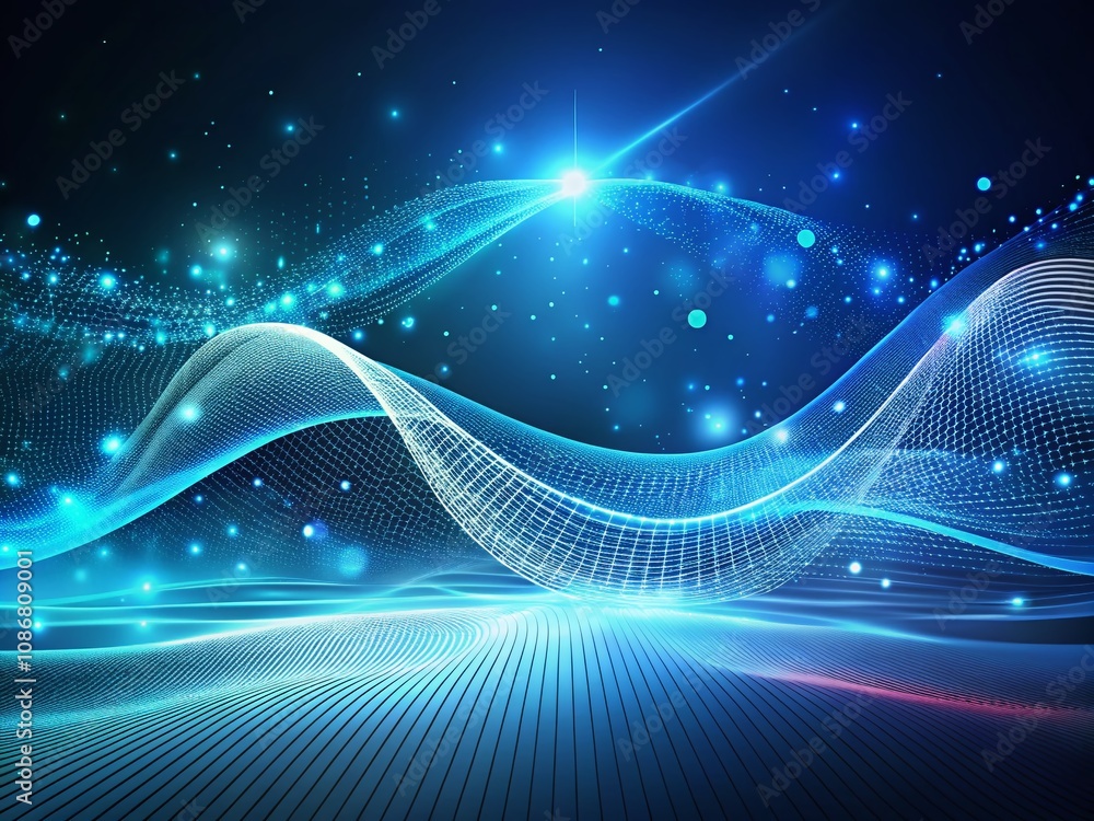 Poster dynamic abstract wave in digital space with blue light flows and dots, futuristic design elements, p