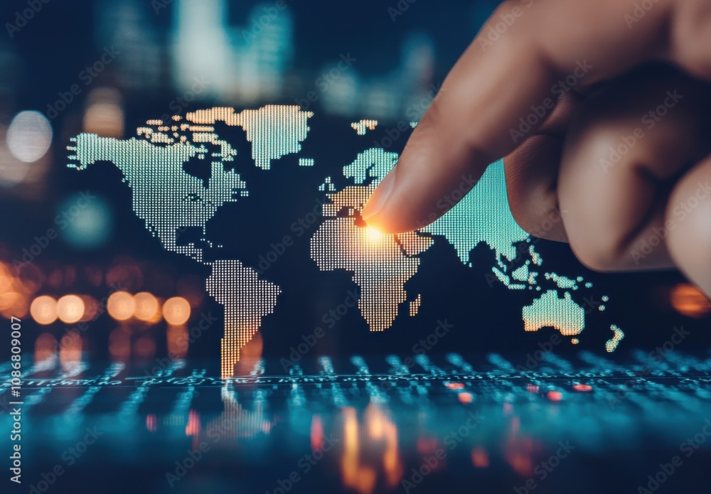 Poster abstract digital world map visualization with finger pointing towards geographic location, emphasizi