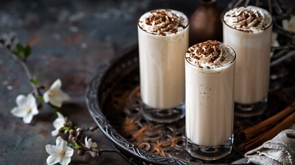 Some vanilla smoothie flutes with powder topping are placed on an iron tray