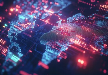 High-Tech Digital World Map Visualization with Abstract Glowing Data Lines and Network Connections in Blue and Red Colors