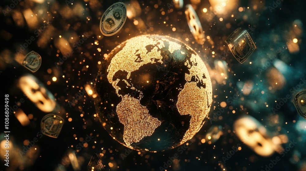 Aufkleber a glowing earth surrounded by floating currency symbols and sparkling particles, representing global