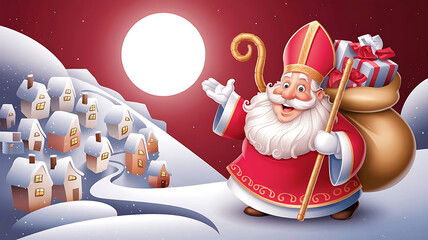 New modern flat minimalist illustration of Saint Nicholas Day with Gift Box and Winter Background