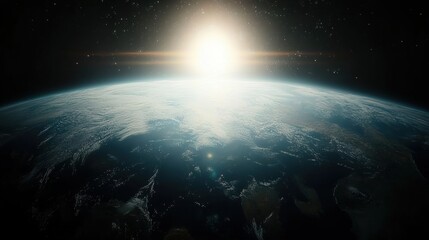 Fototapeta premium Beautiful View of Earth with Rising Sun Over the Horizon Captured from Space, Showcasing Atmospheric Elements and Celestial Bodies Against a Dark Starry Background
