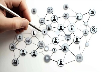Conceptual representation of digital networking, communication and social interaction with interconnected user profiles and digital icons illustrating modern technology.