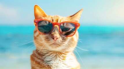 A cat wearing sunglasses looks at the camera with a serious expression in front of a blue water...