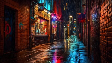 Fototapeta premium Neon Drenched Alleyway in Cyberpunk Inspired Urban Night Scene with Rainy Effect
