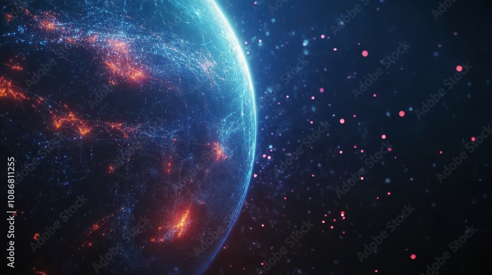 Poster stunning close-up of a glowing earth with dynamic light patterns and a cosmic background featuring b
