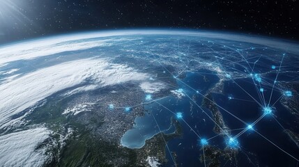 Obraz premium Global Data Network Connections Above Earth at Night, Highlighting Modern Technology and Communication Systems with Bright Lines and Nodes in Space