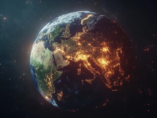 Obraz premium Stunning High-Resolution Earth View at Night Highlighting Europe, Asia, and the Middle East with Bright City Lights and a Beautiful Cosmic Background