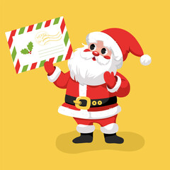 Vector illustration of Santa Claus holding a large greeting letter in a postal envelope in his hand. A Christmas character in a flat style in bright red, yellow and green colors.