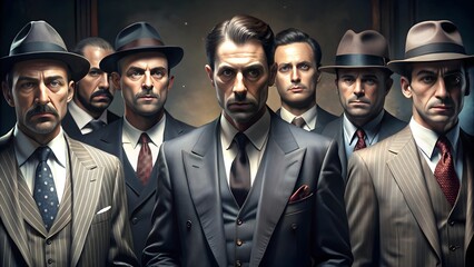  Mafia in classic suits, business suit style, gangster look, and old-school crime concept.  
